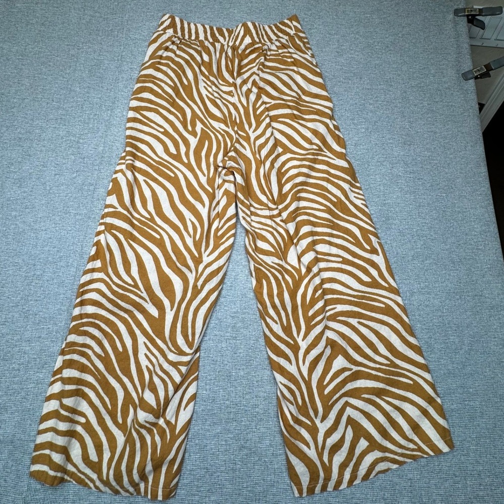 Rachel Zoe Tan White Zebra Print Wide Leg Pants Elastic Waist Size M
